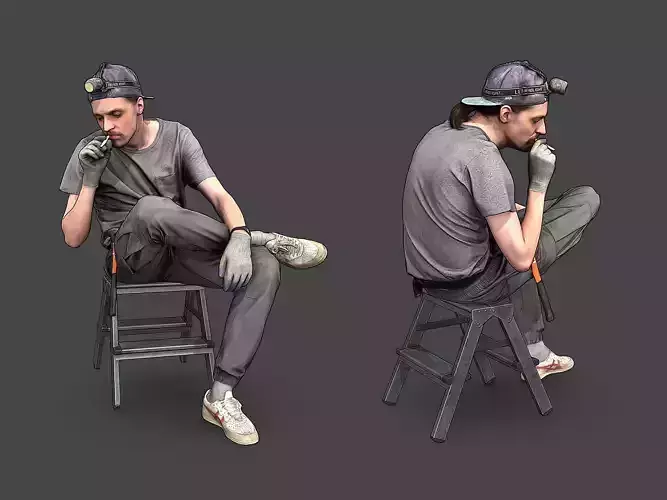 Worker in Gray Sits Smoking 3D model