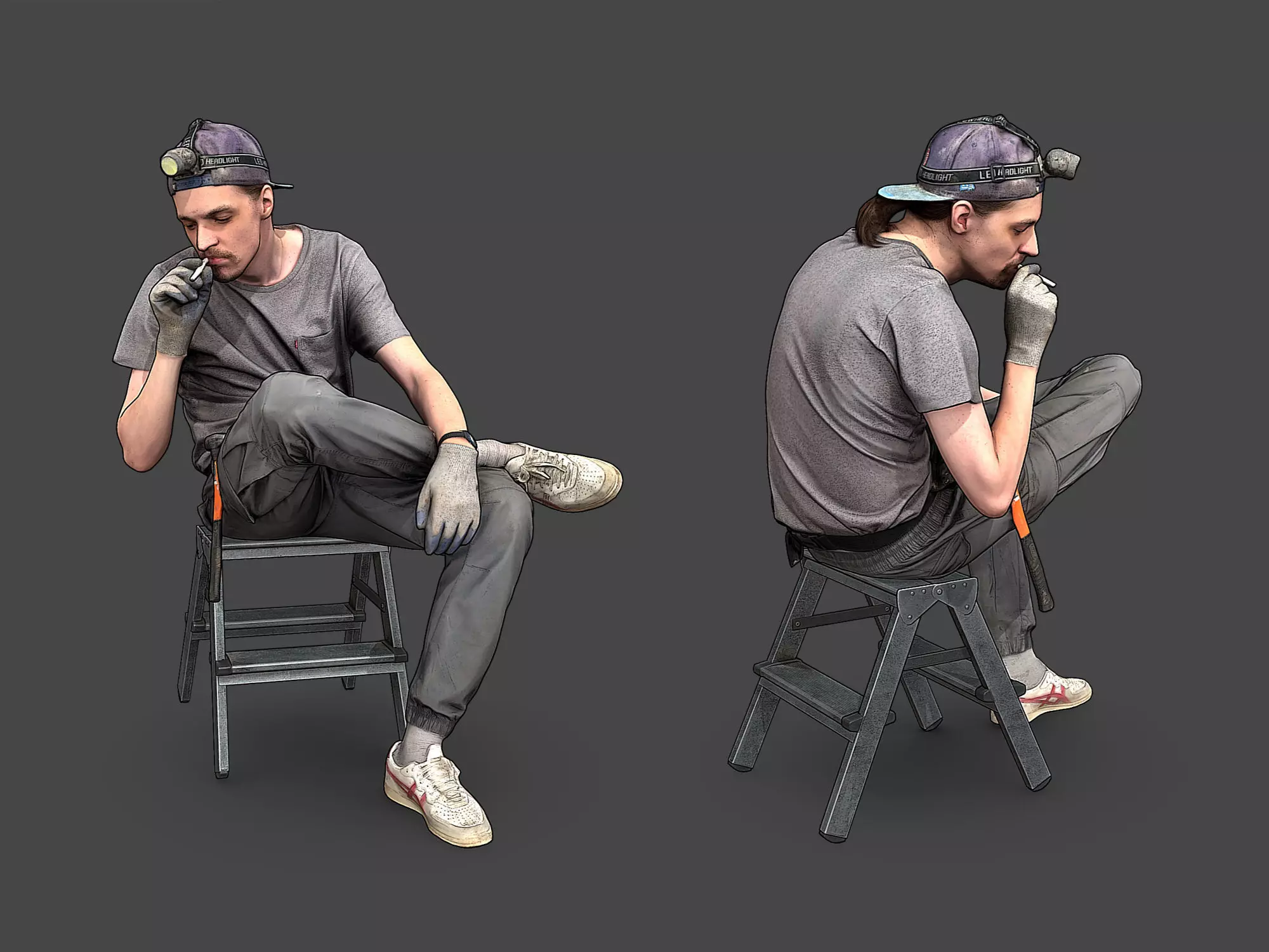 Worker in Gray Sits Smoking 3D model