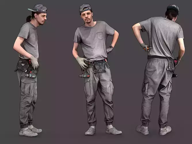 Worker in Gray Bent Over 3D model