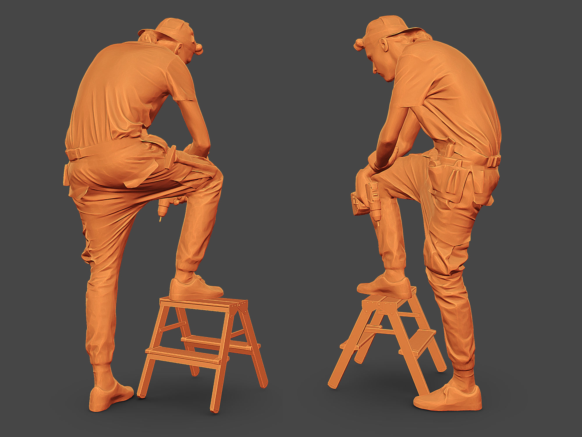 Worker in Gray Stands on a Stepladder 3D model_5