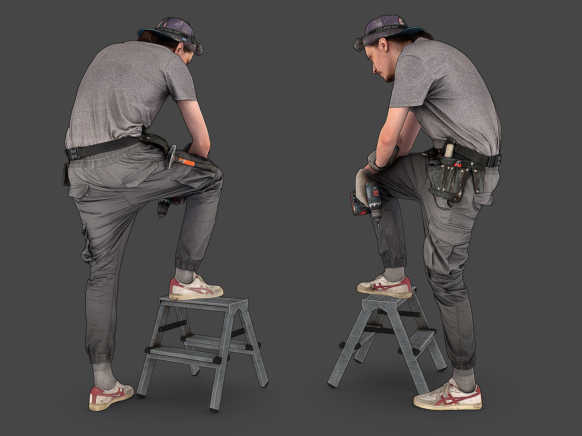 Worker in Gray Stands on a Stepladder 3D model_4