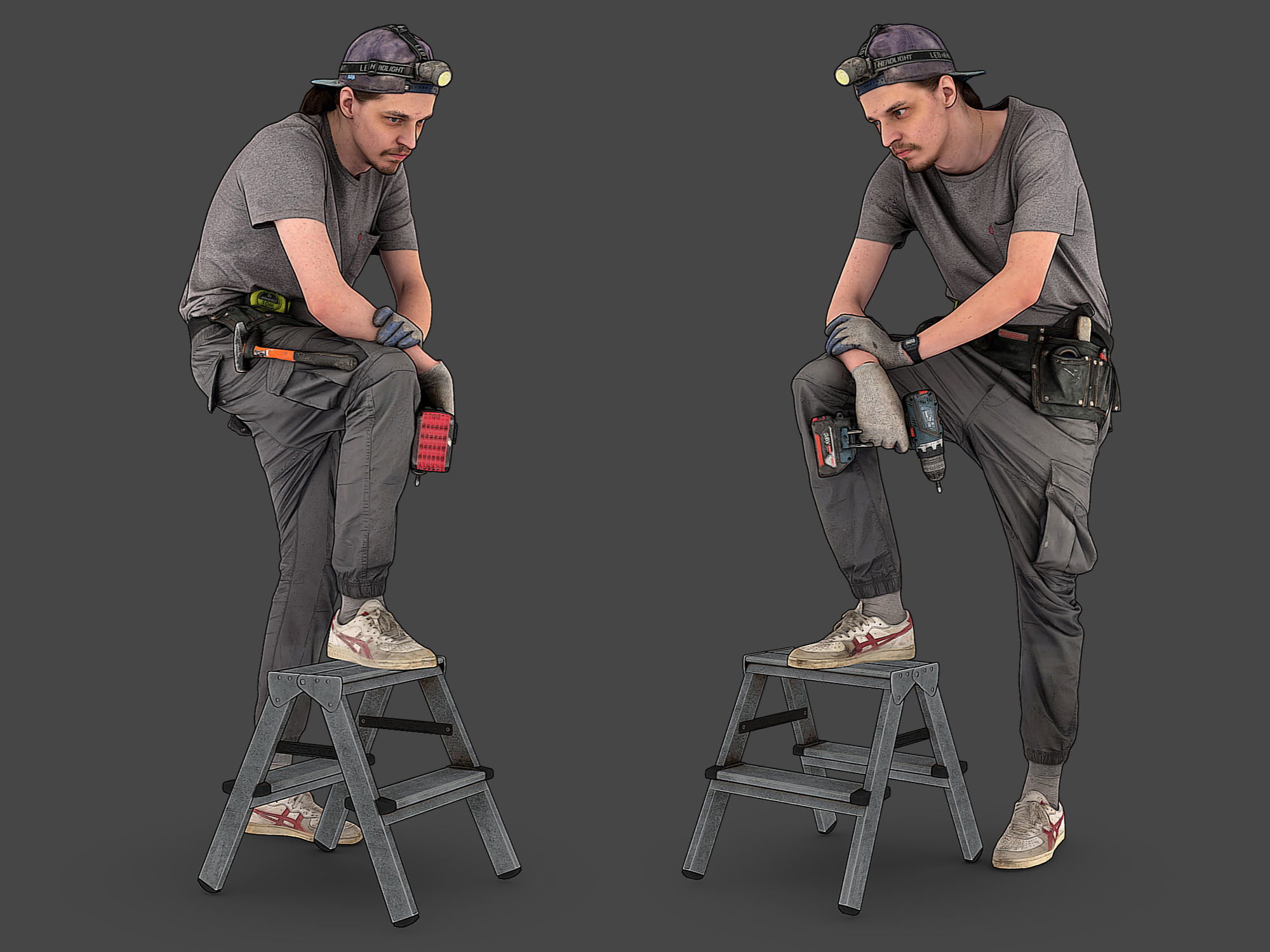 Worker in Gray Stands on a Stepladder 3D model_1