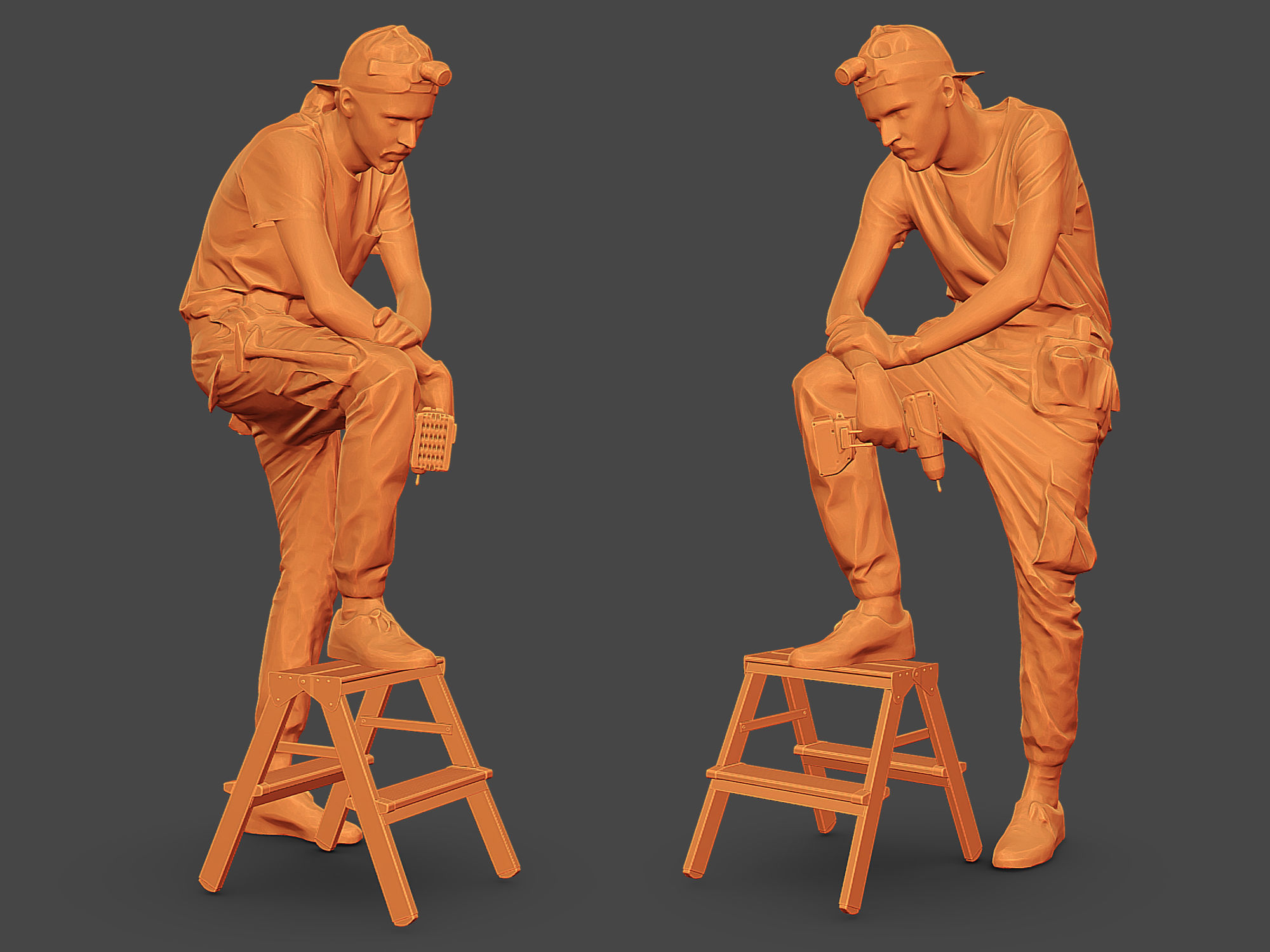 Worker in Gray Stands on a Stepladder 3D model_2