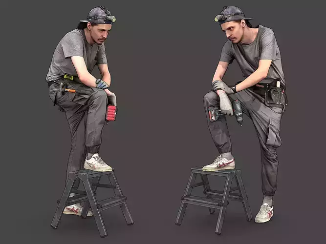 Worker in Gray Stands on a Stepladder 3D model