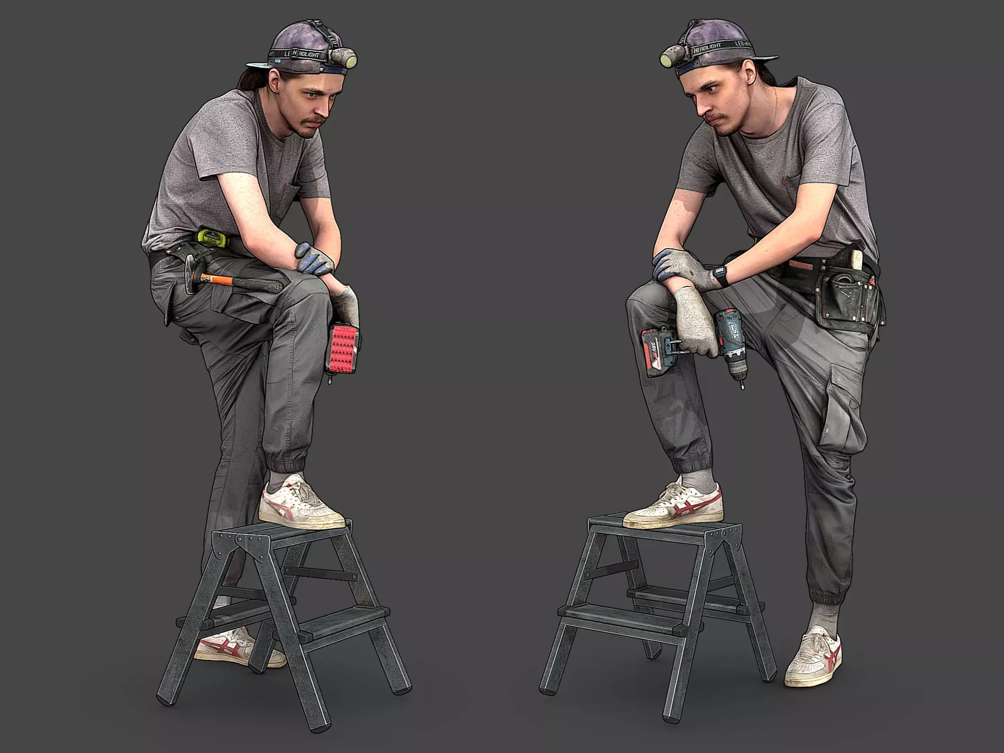 Worker in Gray Stands on a Stepladder 3D model_0