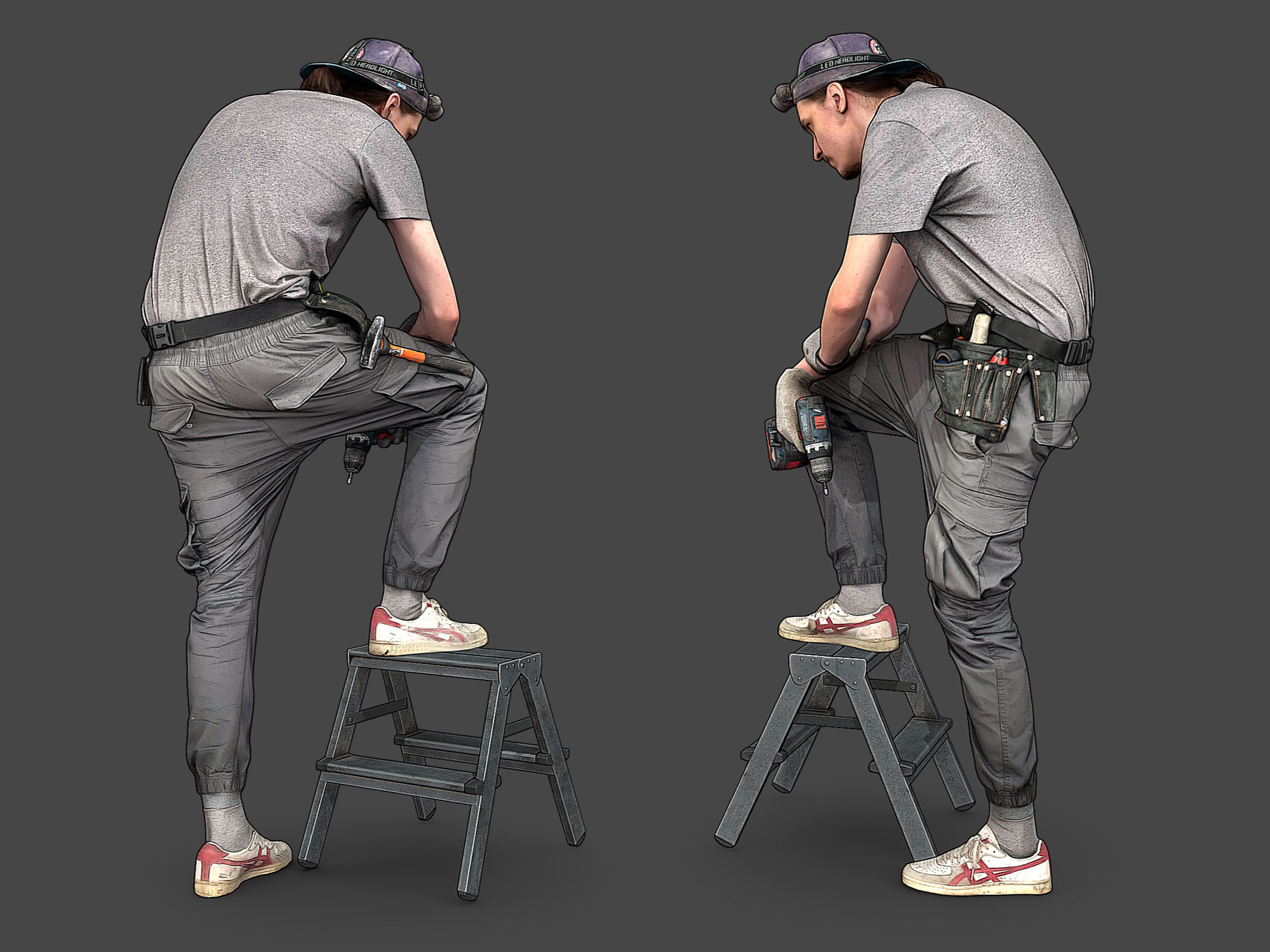 Worker in Gray Stands on a Stepladder 3D model_3