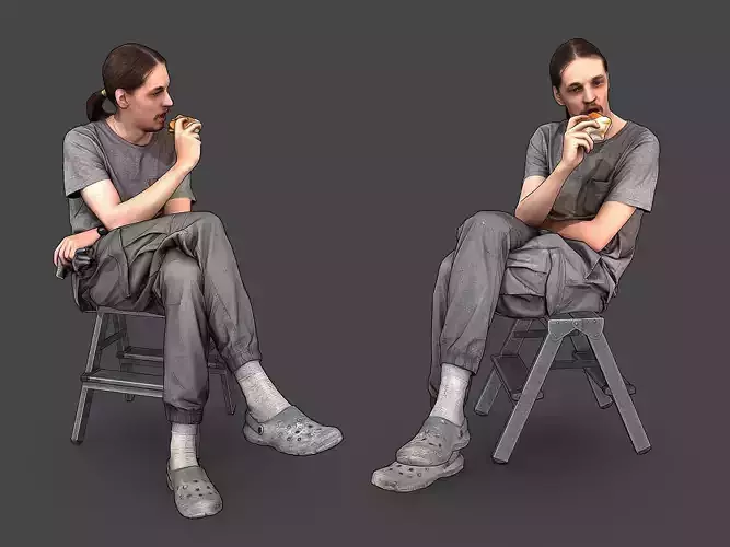 Worker in Gray Eating Burger 3D model