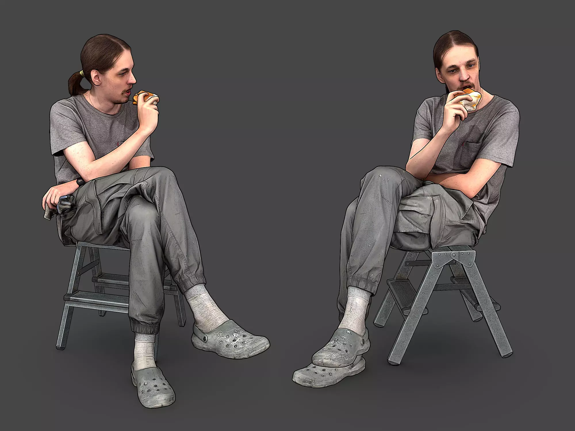 Worker in Gray Eating Burger 3D model