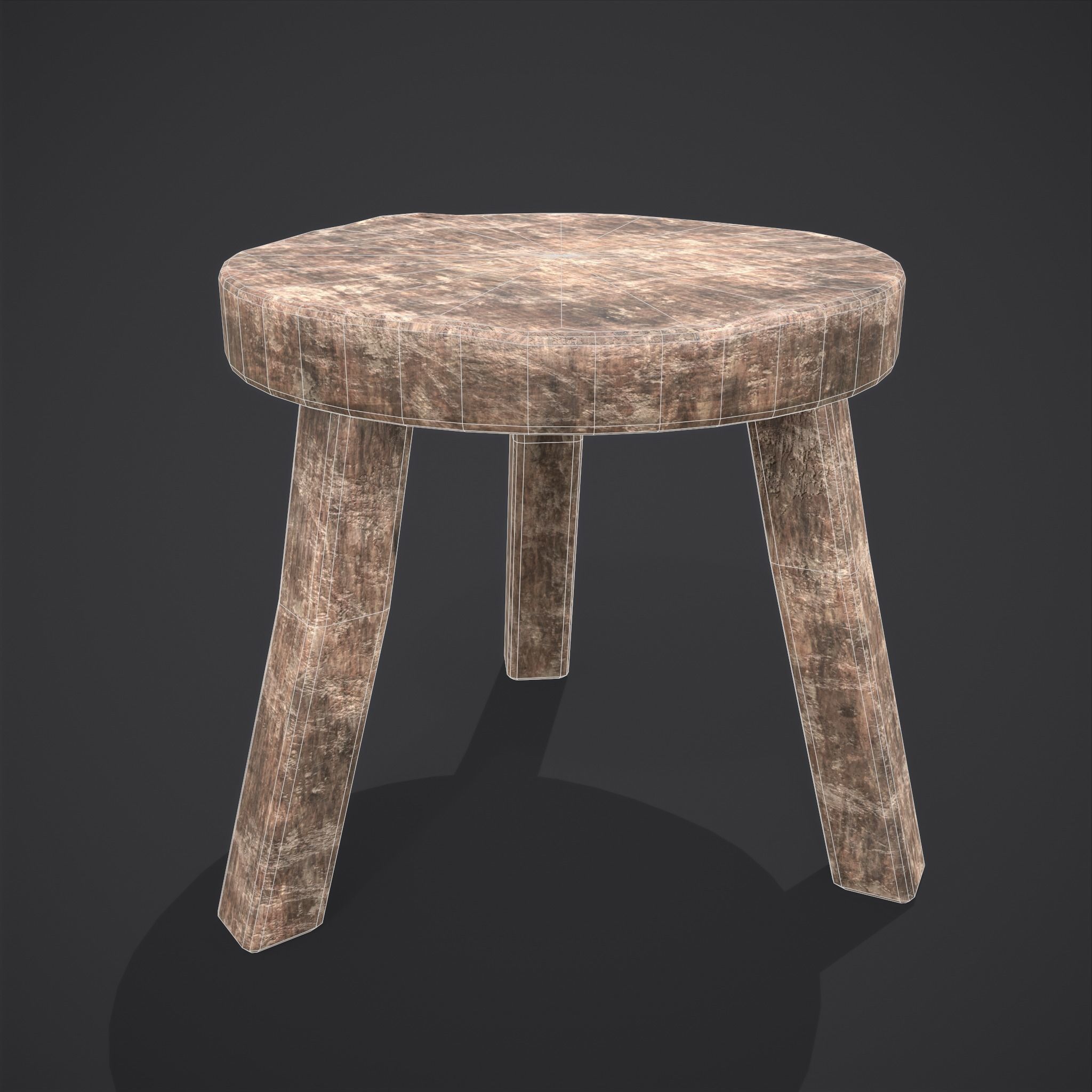 Three Legged Short Stool Low-poly 3D model_3