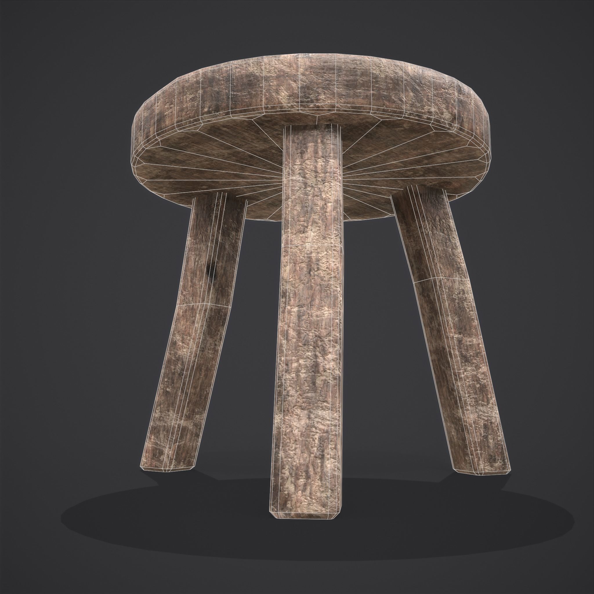 Three Legged Short Stool Low-poly 3D model_16