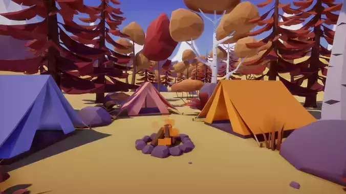 Low Poly Nature - 4 Seasons Trees Grass and Rocks Low-poly 3D model