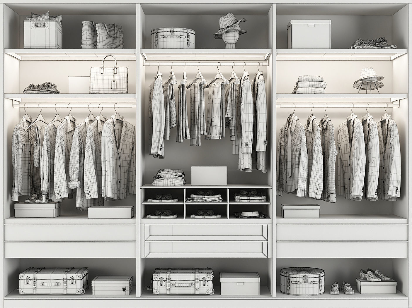 Wardrobe walk in closet with clothes and shoes 3D model_1