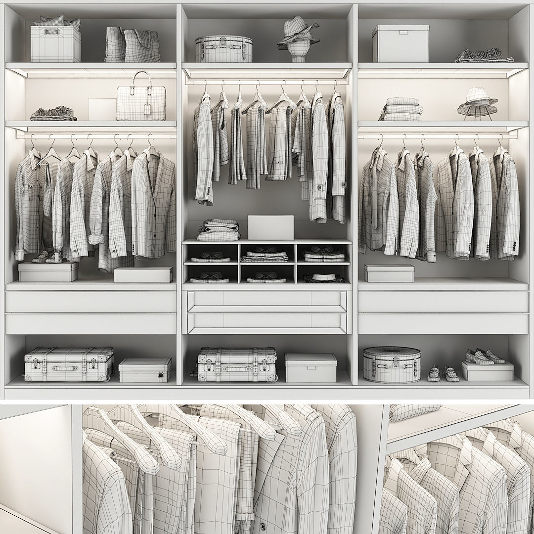 Wardrobe walk in closet with clothes and shoes 3D model_14