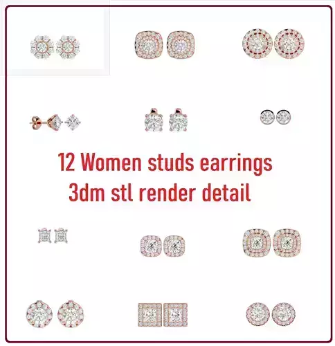 12 Women studs earrings 3dm stl render detail 
