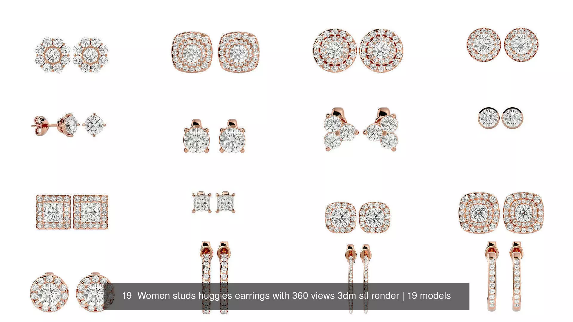 19  Women studs huggies earrings with 360 views 3dm stl render 3D Model Collection_1