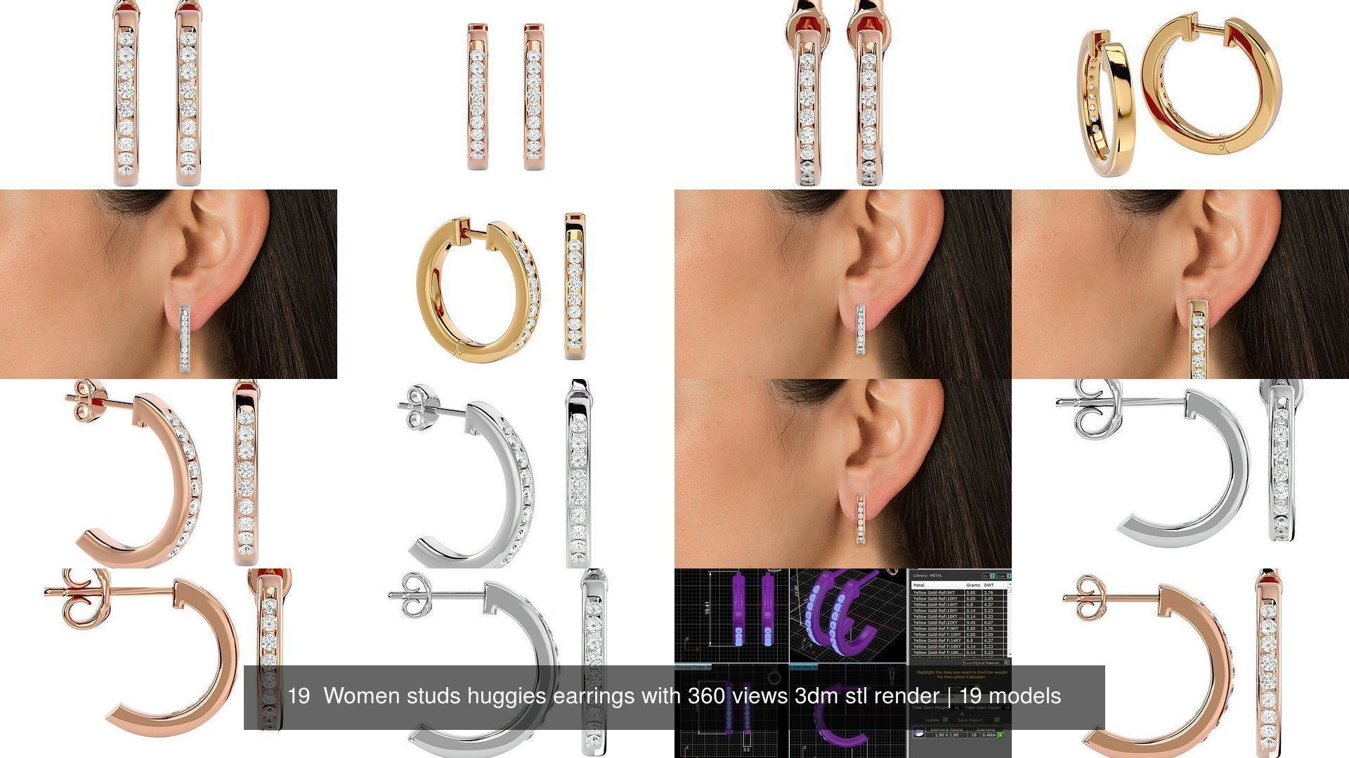 19  Women studs huggies earrings with 360 views 3dm stl render 3D Model Collection_3