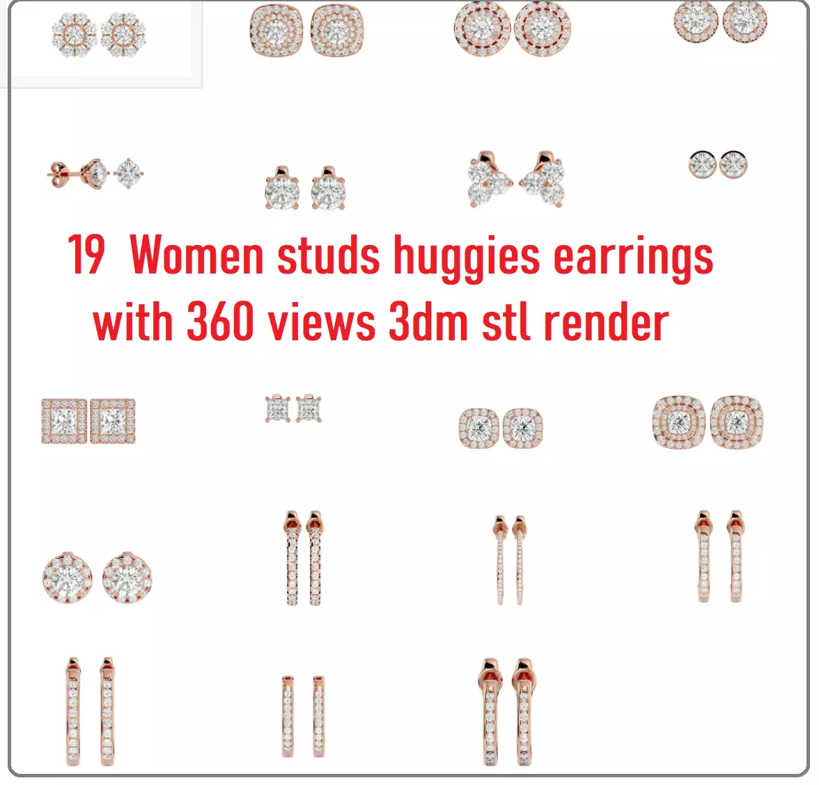 19  Women studs huggies earrings with 360 views 3dm stl render 3D Model Collection_0