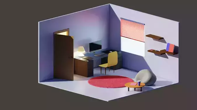 low poly 3D room model with desk and chair Low-poly 3D model
