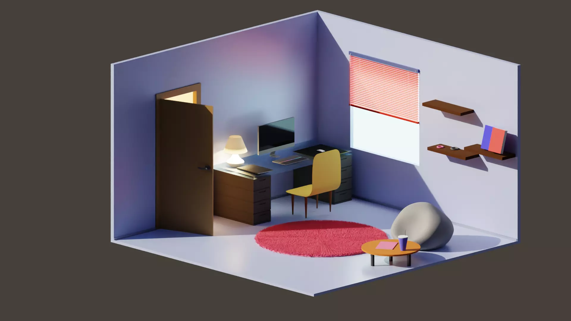 low poly 3D room model with desk and chair Low-poly 3D model_0