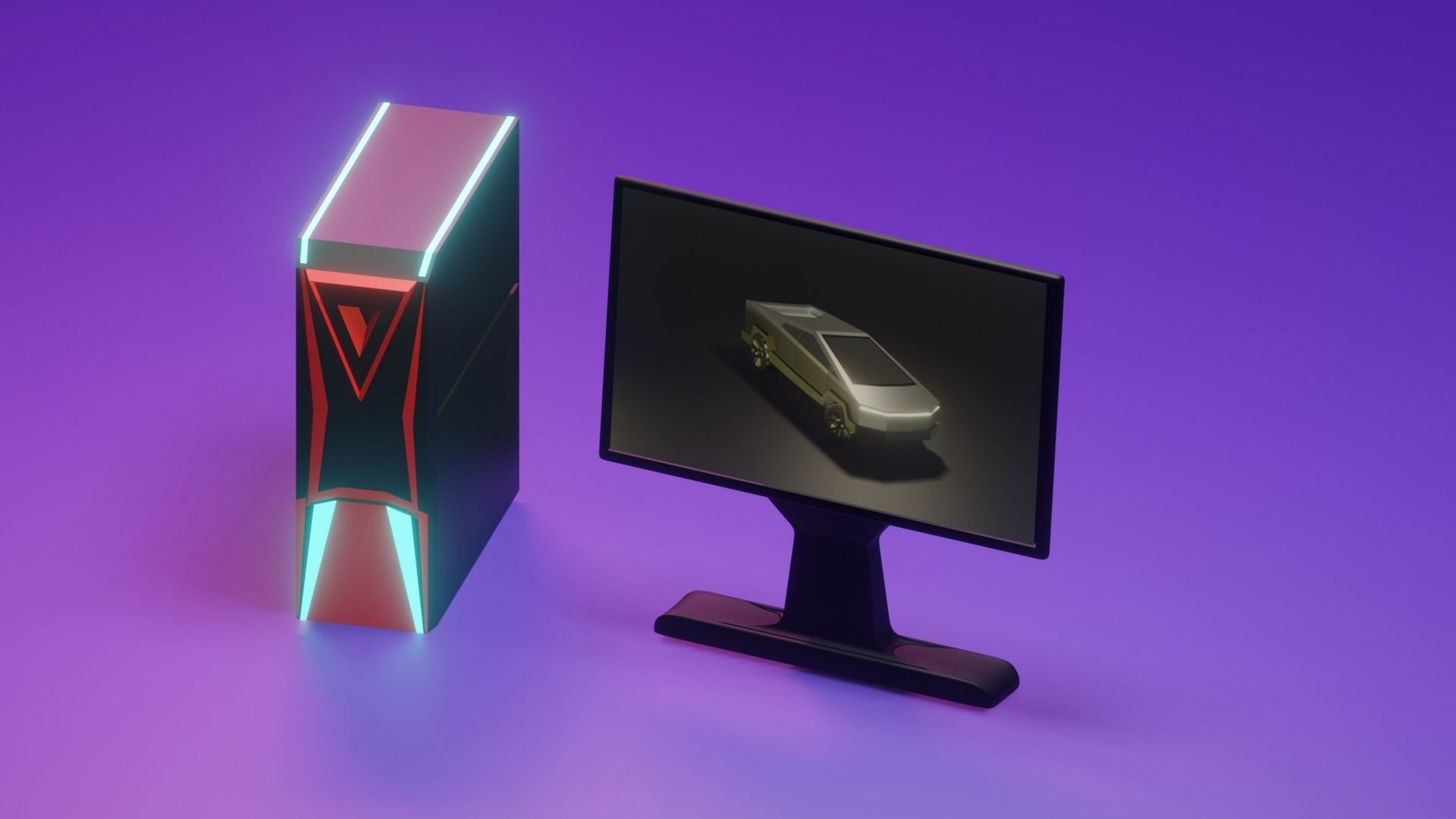 low-poly computer 3d model monitor with car Low-poly 3D model_4