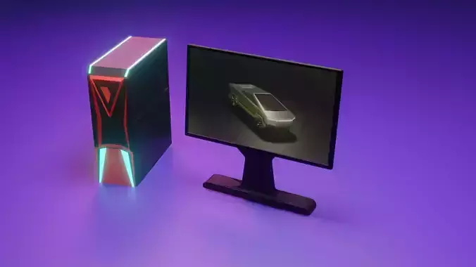 low-poly computer 3d model monitor with car Low-poly 3D model