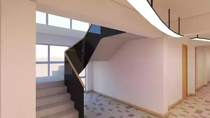 corridor 3d model spiral staircase in office building