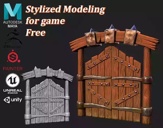 Door lowpoly stylized for game free