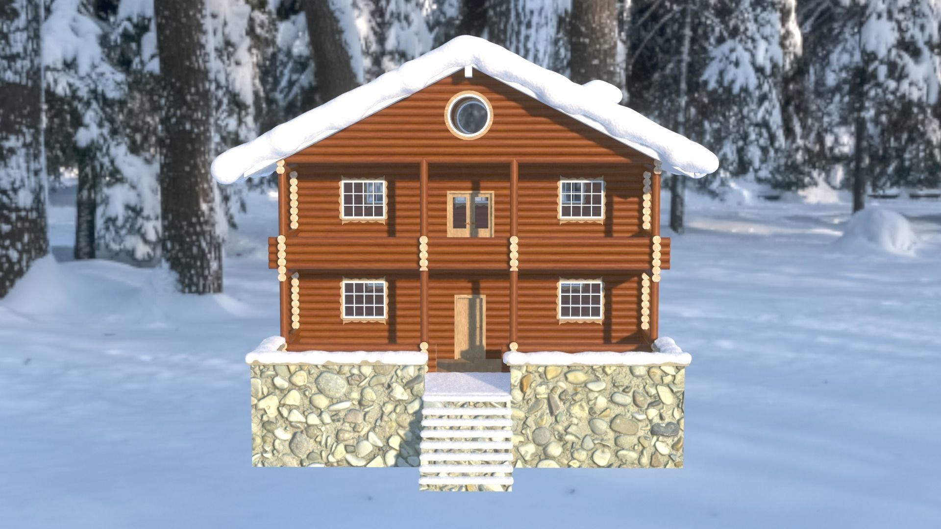 Snowy Log House 3D model_2
