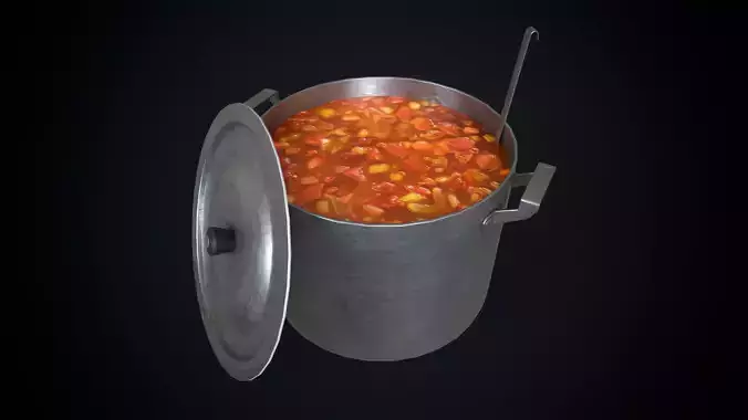 Aluminum saucepan with soup and ladle Low-poly 3D model
