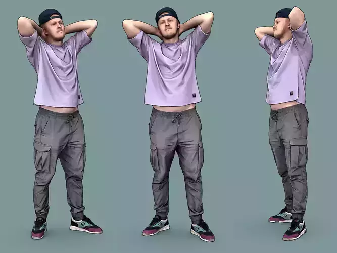 Guy in Purple T-shirt Hands Behind Head 3D model
