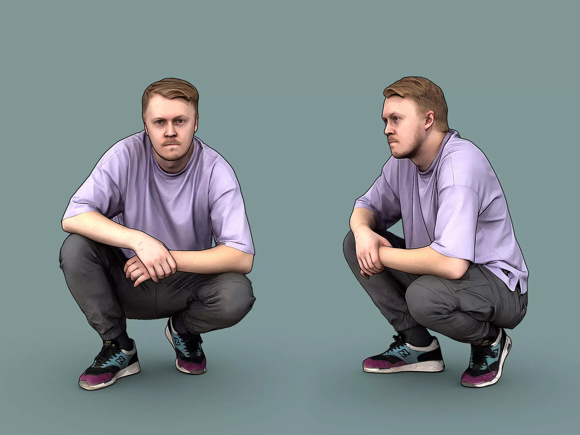 Guy in Purple T-shirt Squatting 3D model_0