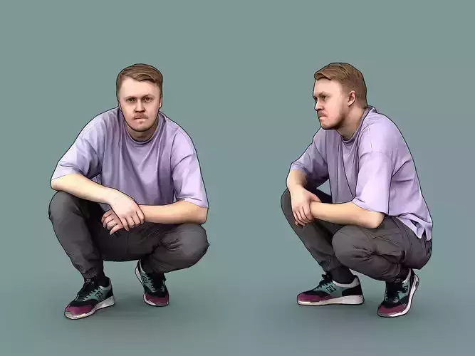 Guy in Purple T-shirt Squatting 3D model