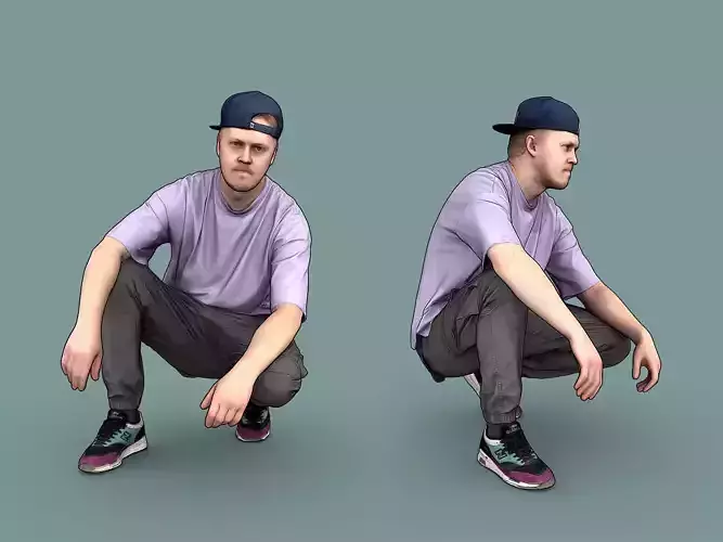 Guy in Purple T-shirt and Cap Squatting 3D model