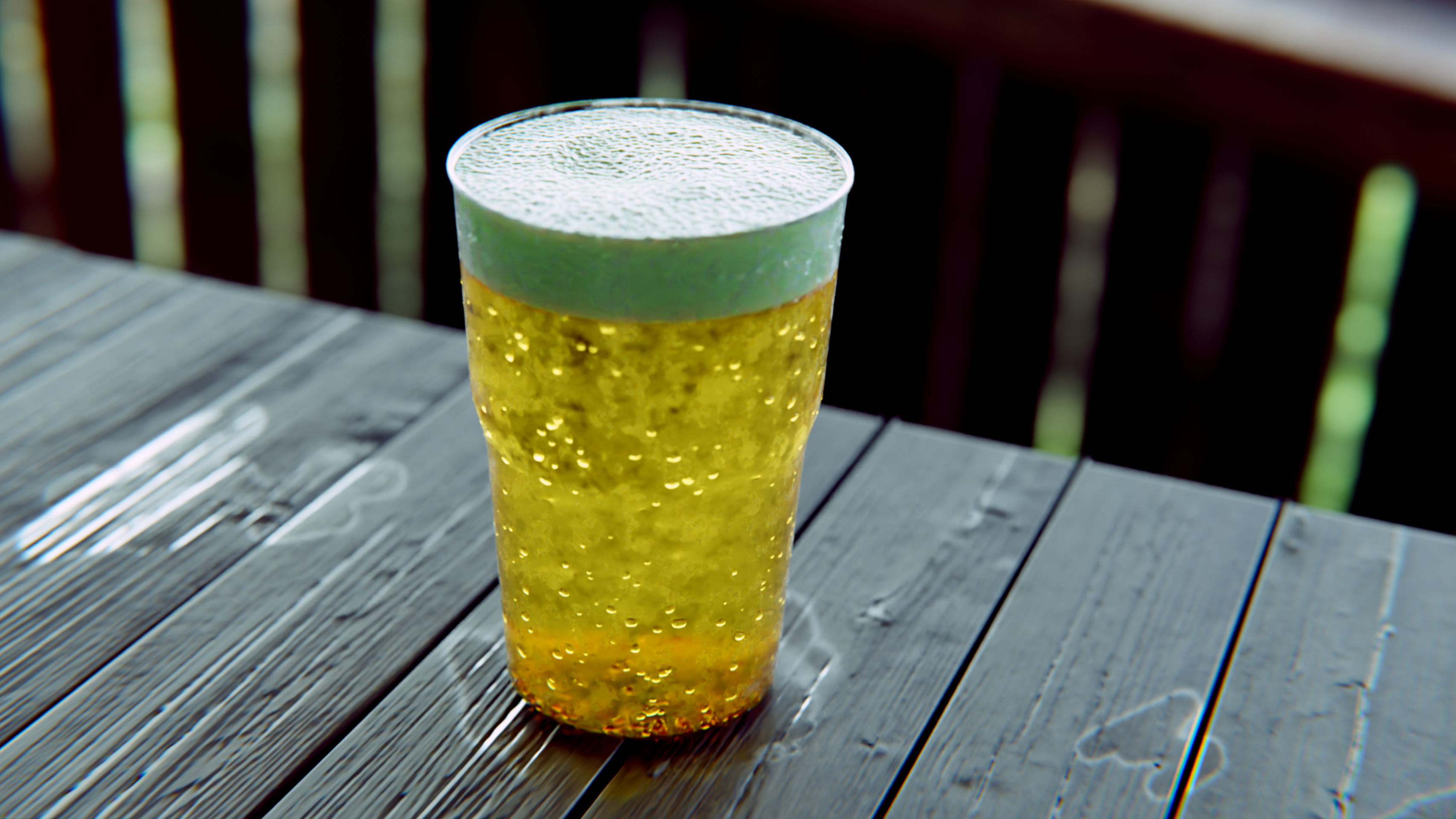 Realistic Beer in glass on wooden table Free 3D model_1