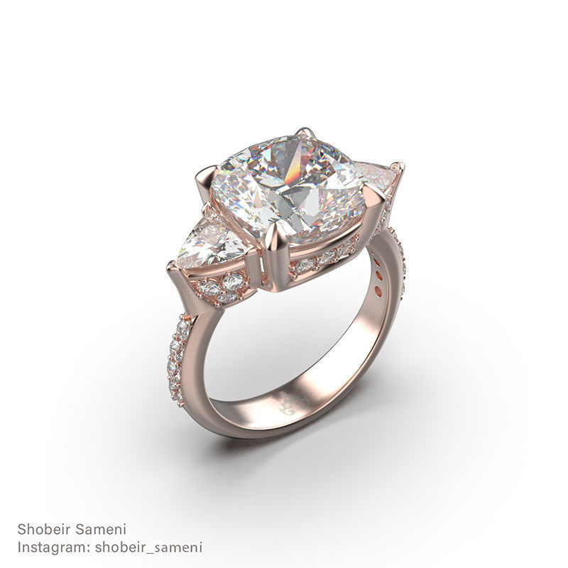 Cushion cut engagement ring in 11 sizes 3D print model_3