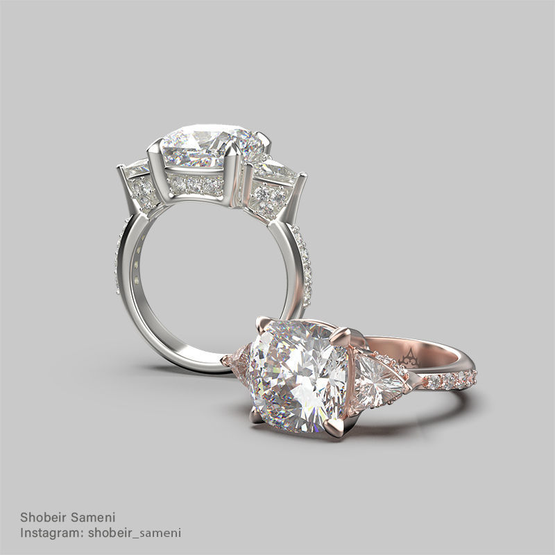 Cushion cut engagement ring in 11 sizes 3D print model_2