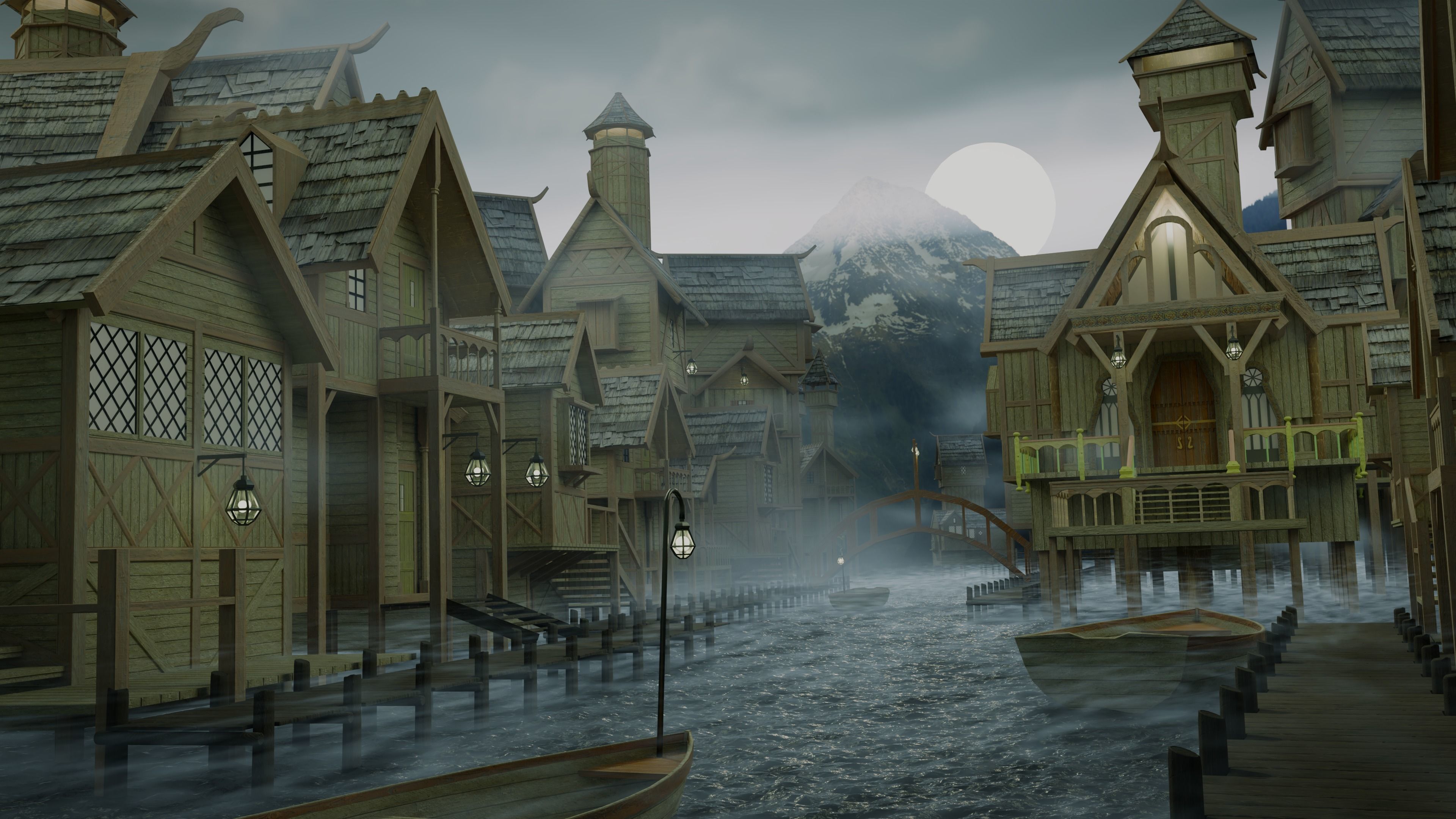 Medieval Lake town houses 3D model_1