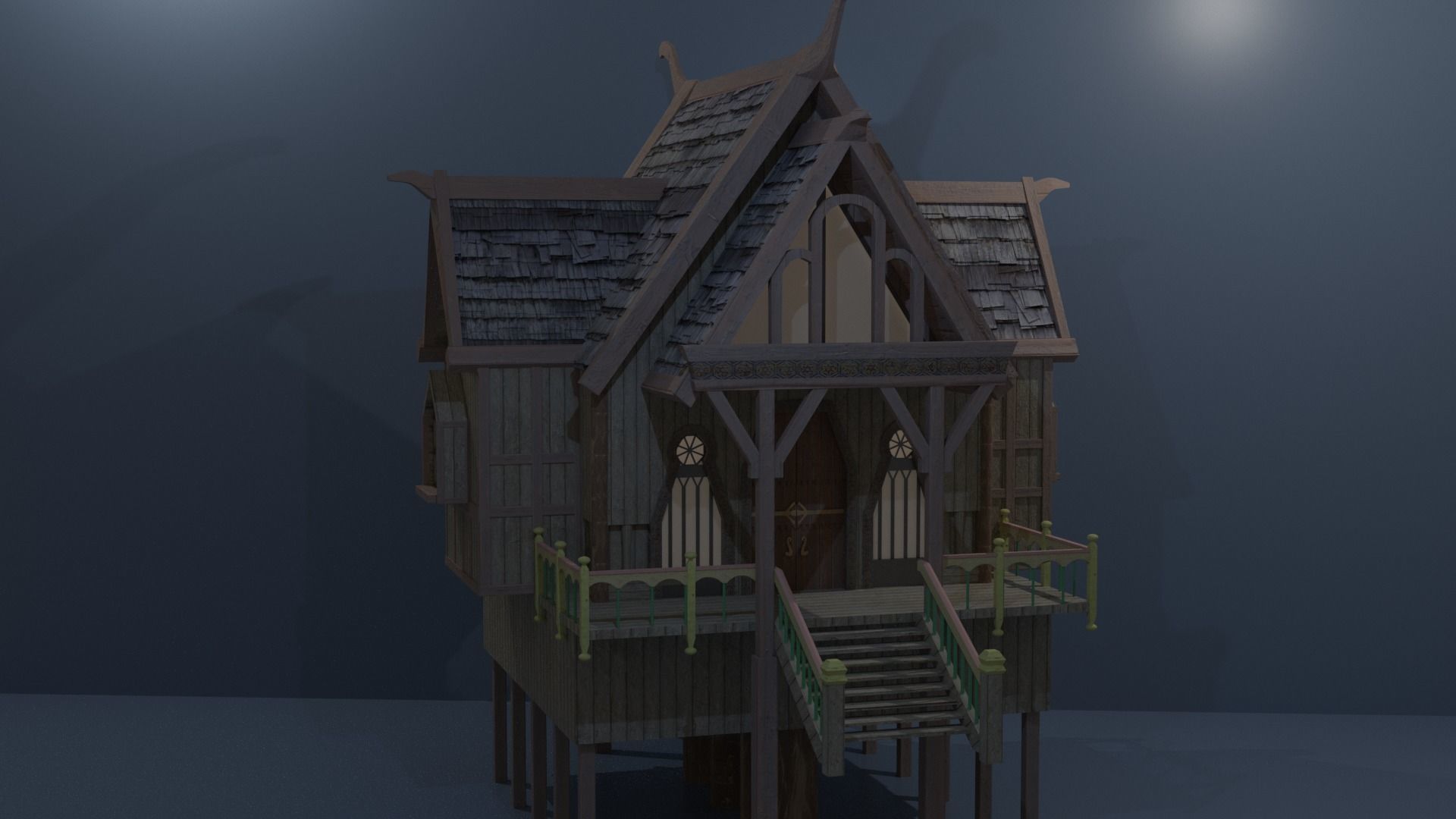 Medieval Lake town houses 3D model_2