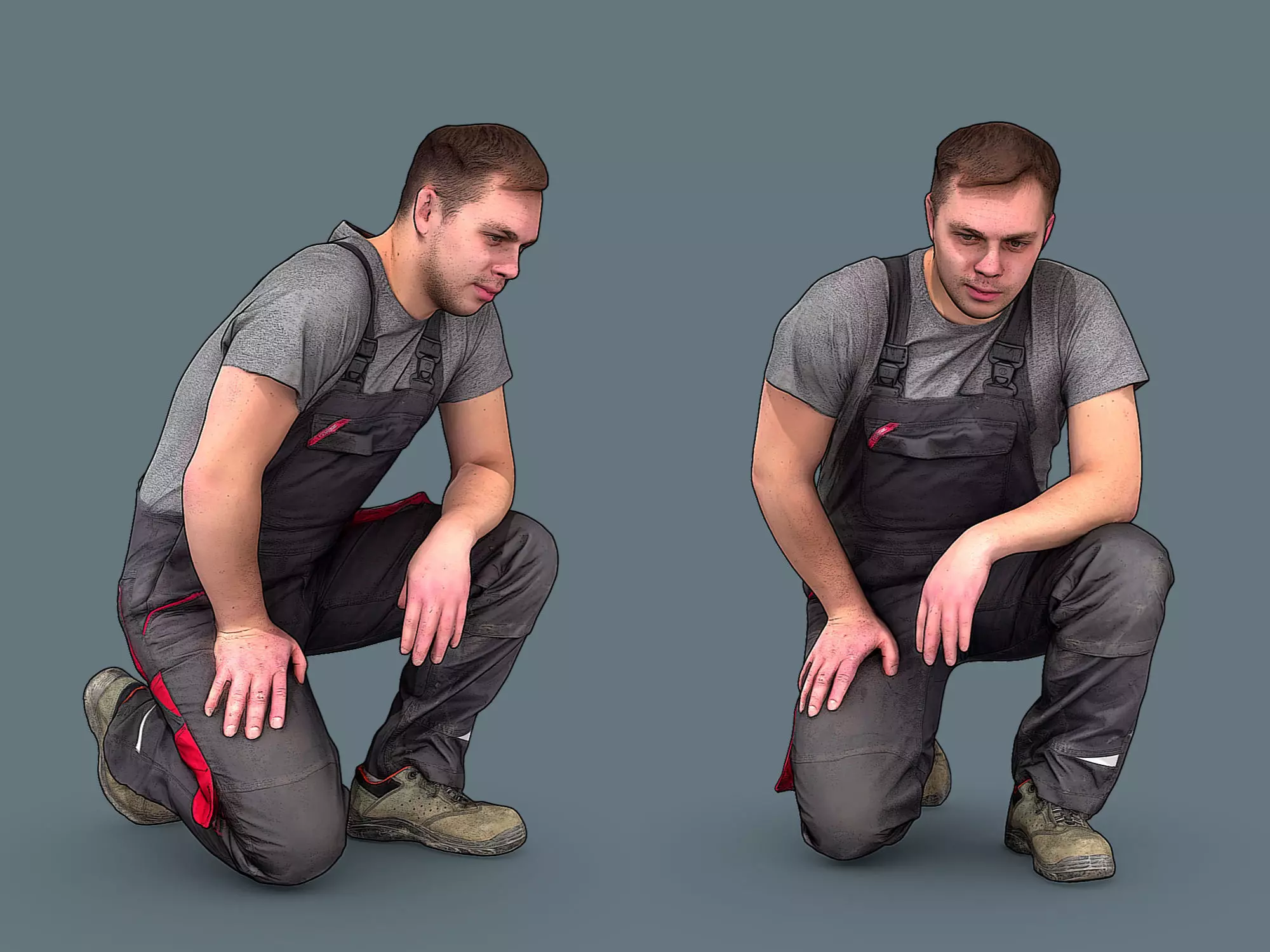Foreman in Overalls Sitting on One Knee 3D model_0
