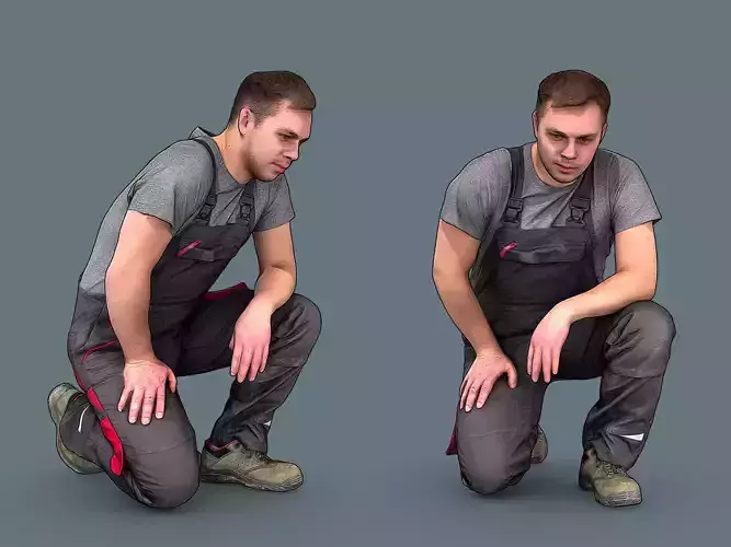 Foreman in Overalls Sitting on One Knee 3D model