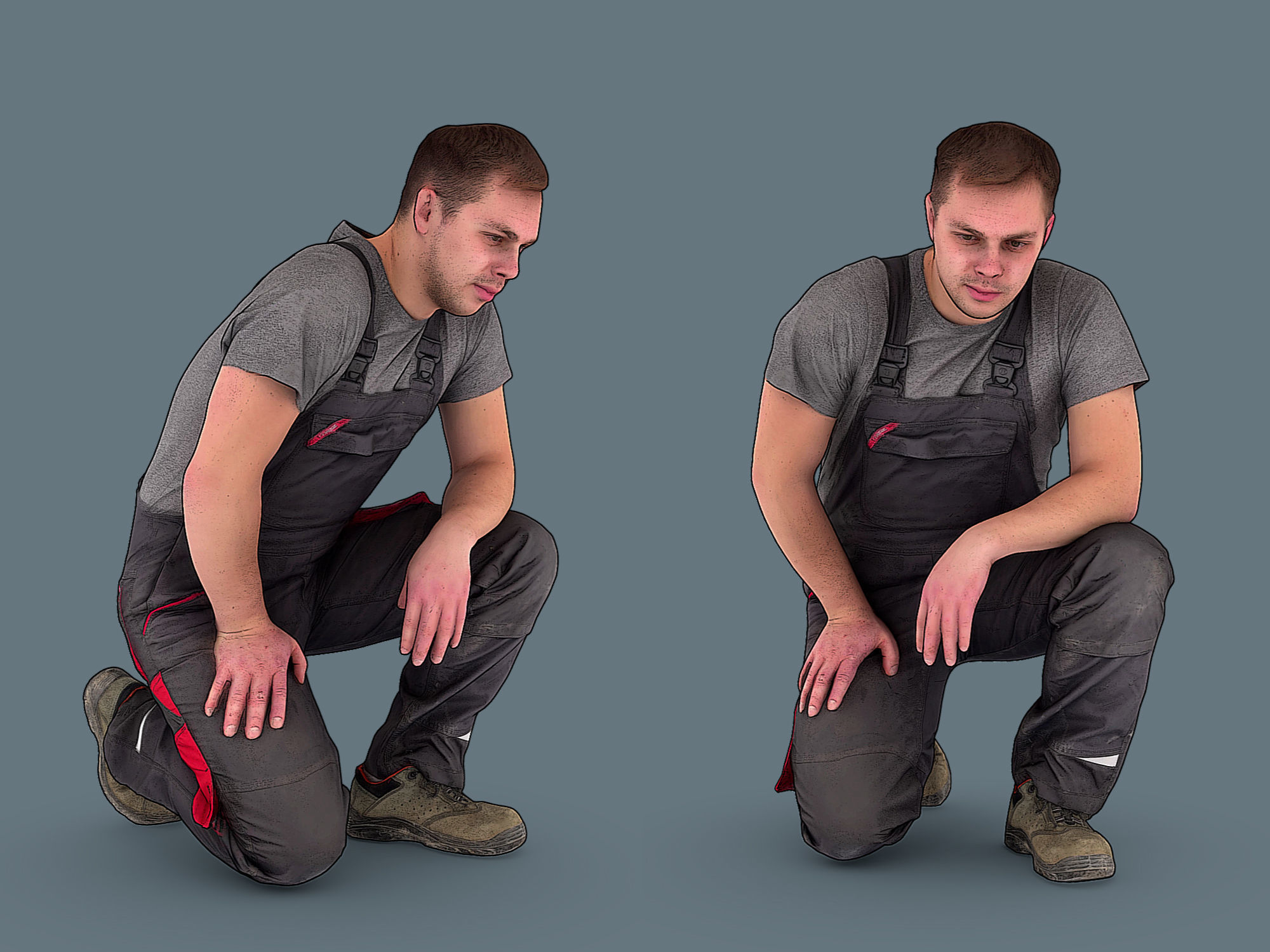 Foreman in Overalls Sitting on One Knee 3D model_1