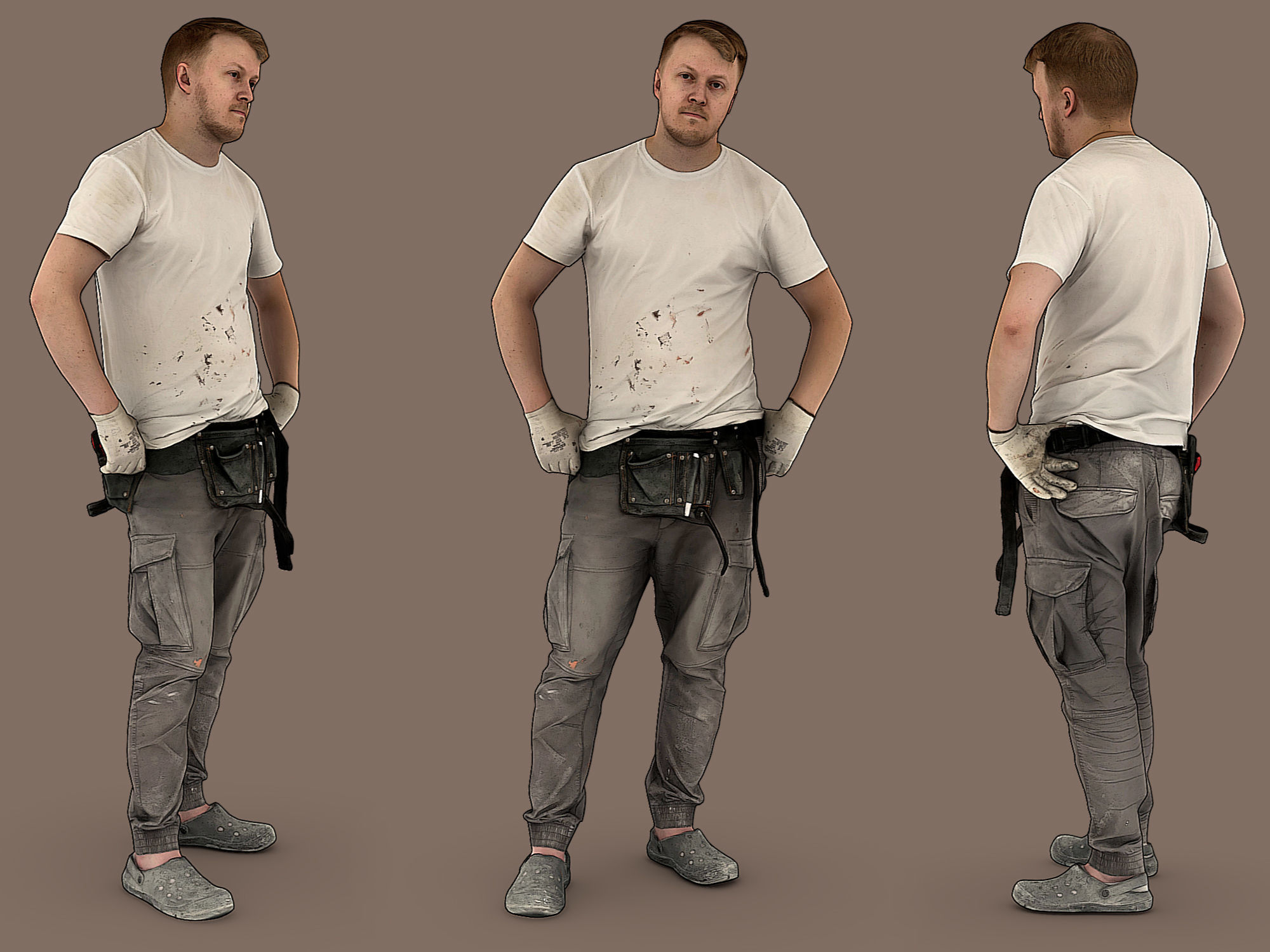Worker in a White T-shirt Hands on His Hips 3D model_1