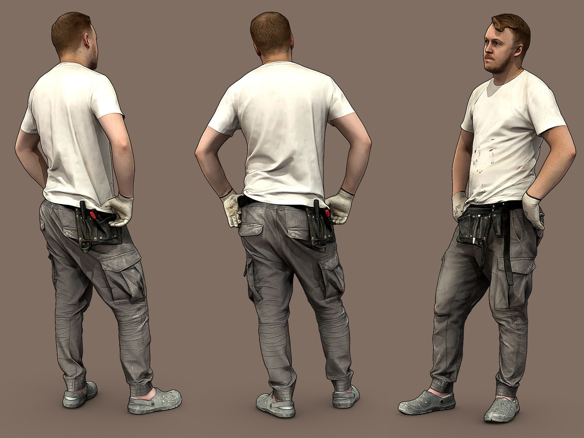 Worker in a White T-shirt Hands on His Hips 3D model_3
