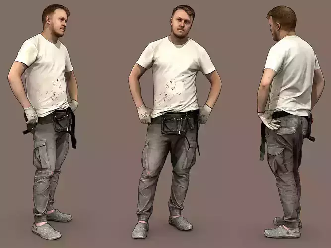 Worker in a White T-shirt Hands on His Hips