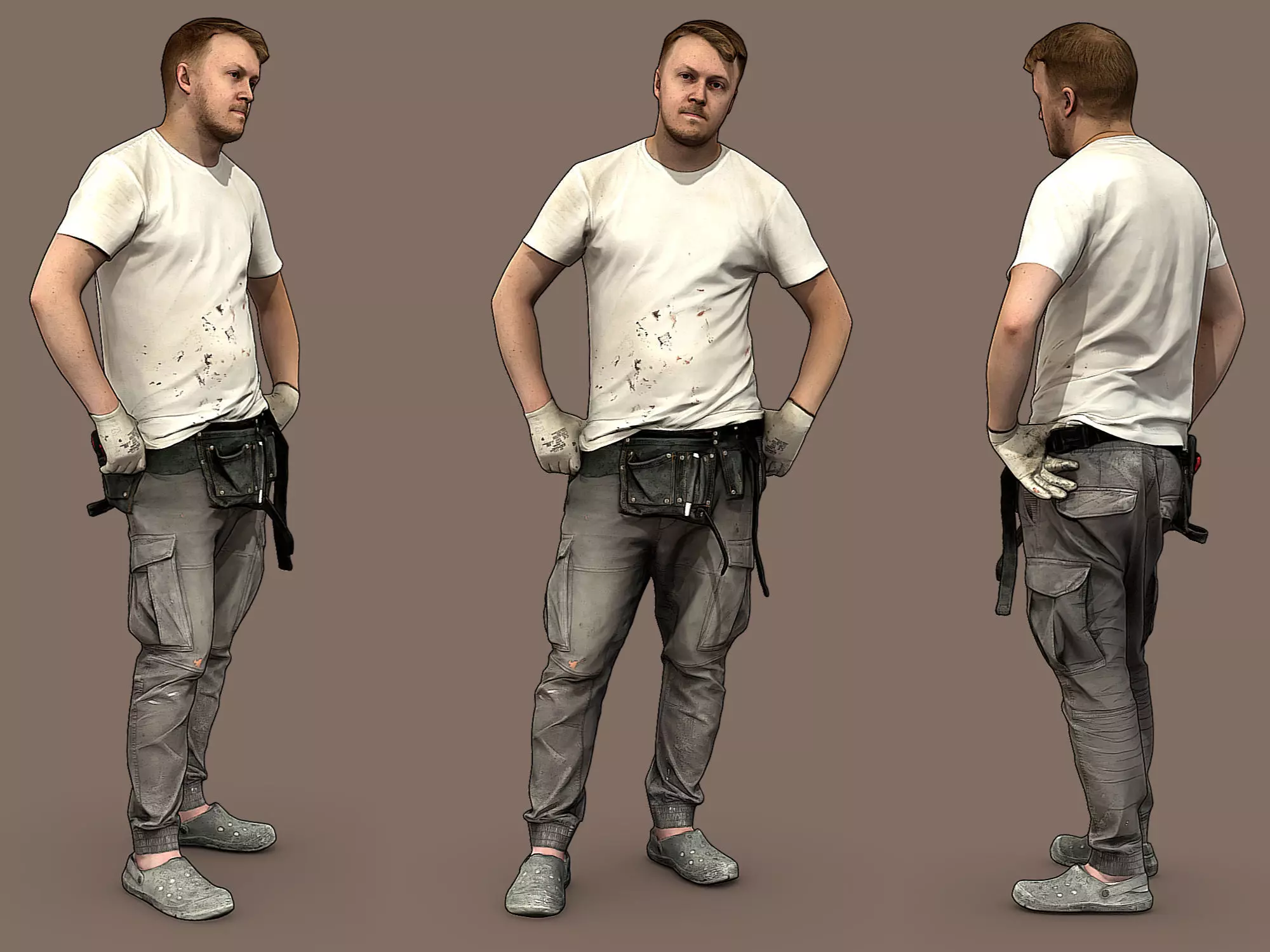 Worker in a White T-shirt Hands on His Hips 3D model_0