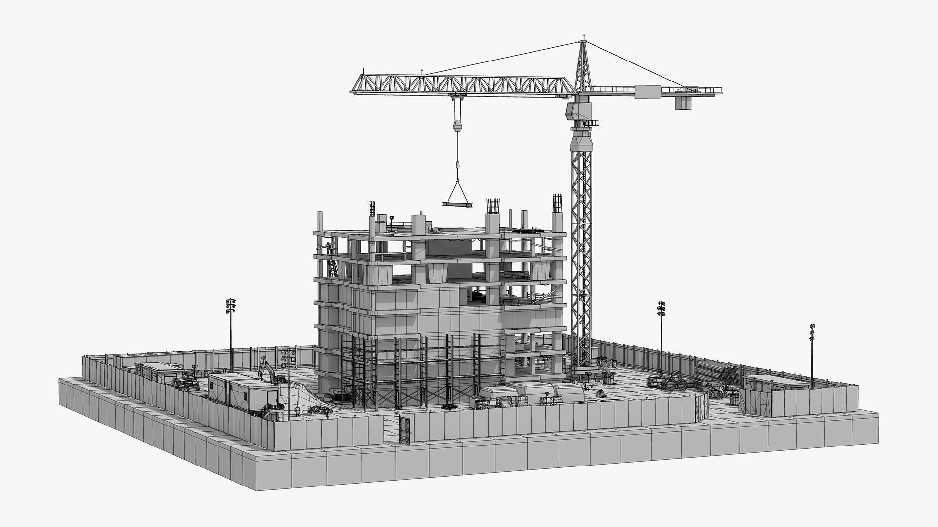 Construction Site with Building and Construction Vehicles Low-poly 3D model_9