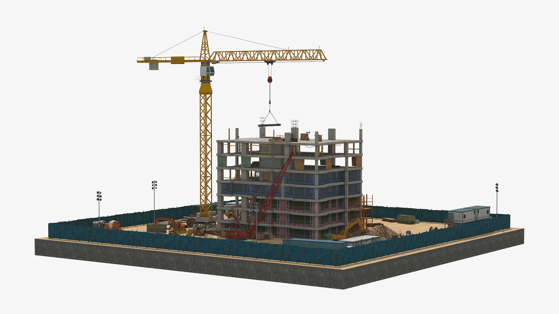 Construction Site with Building and Construction Vehicles Low-poly 3D model_1