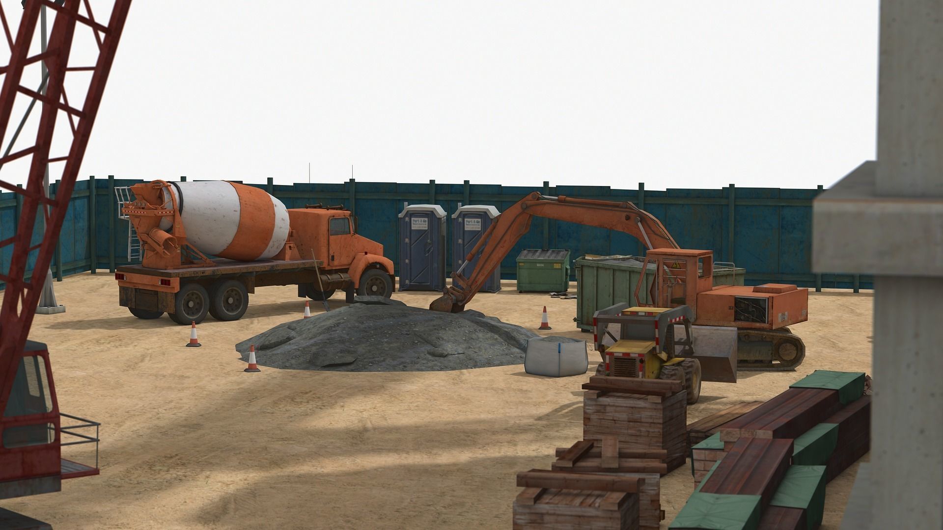 Construction Site with Building and Construction Vehicles Low-poly 3D model_6