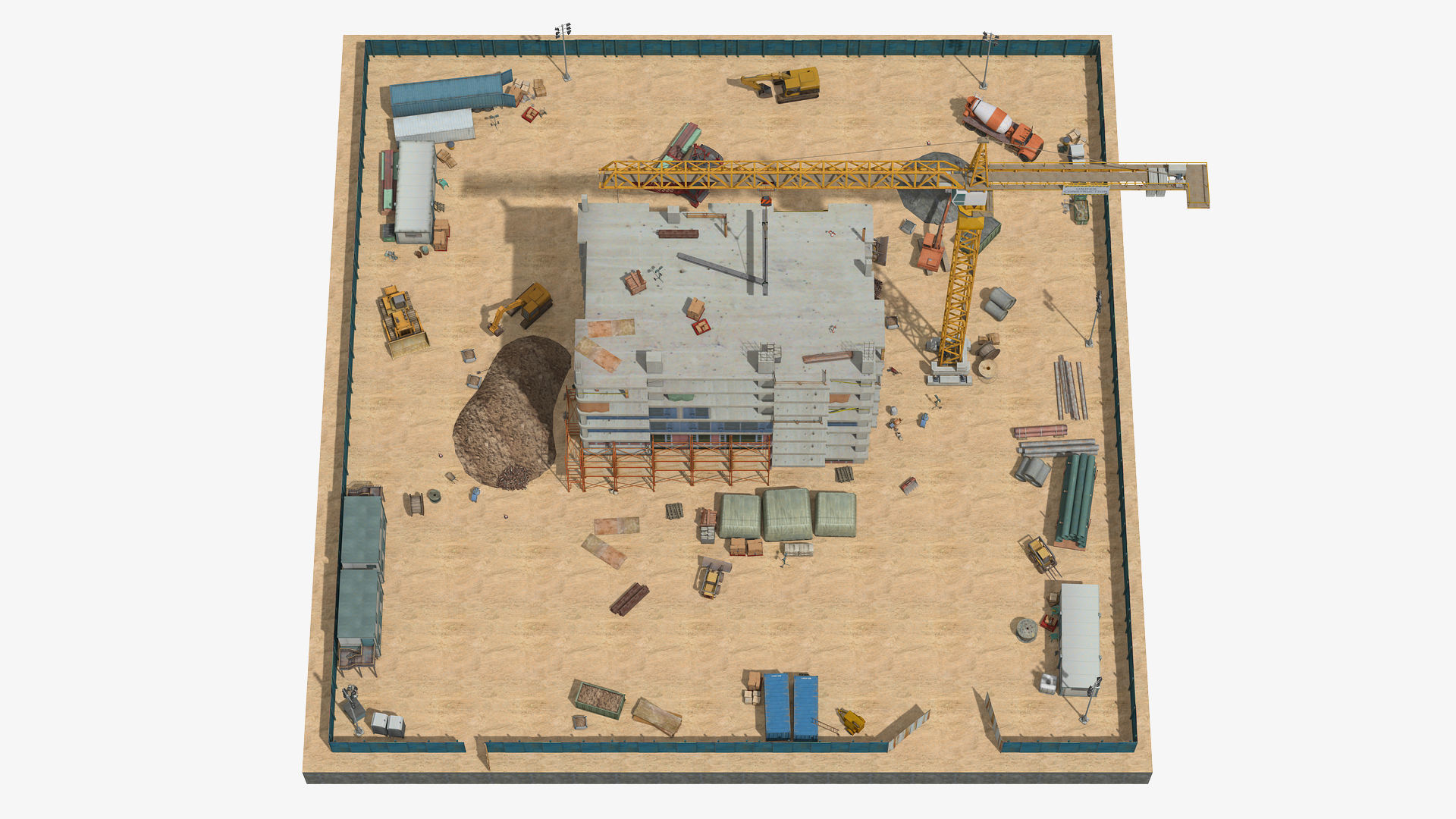 Construction Site with Building and Construction Vehicles Low-poly 3D model_2