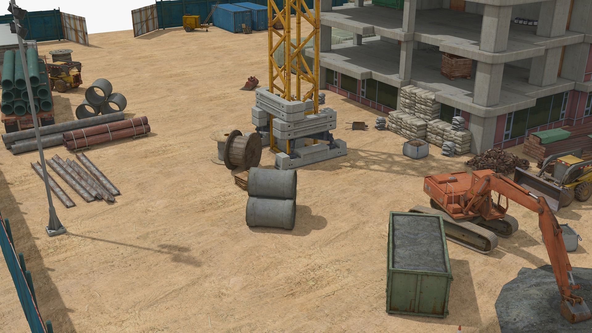 Construction Site with Building and Construction Vehicles Low-poly 3D model_3
